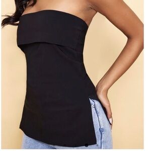 NWT Pretty Little Thing Black Stretch Woven Fold Split Side Top, Sz   8